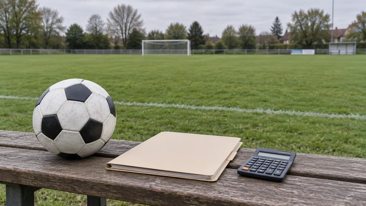 AI-generated editorial illustration: A soccer ball, plain folder and calculator on a bench beside a generic empty soccer field.