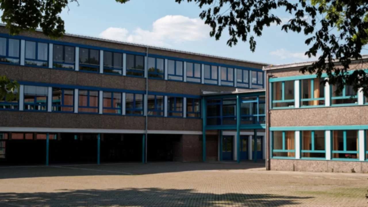 Two-storey school building with blue-trimmed windows and a paved courtyard, framed by tree branches, under a clear sky.