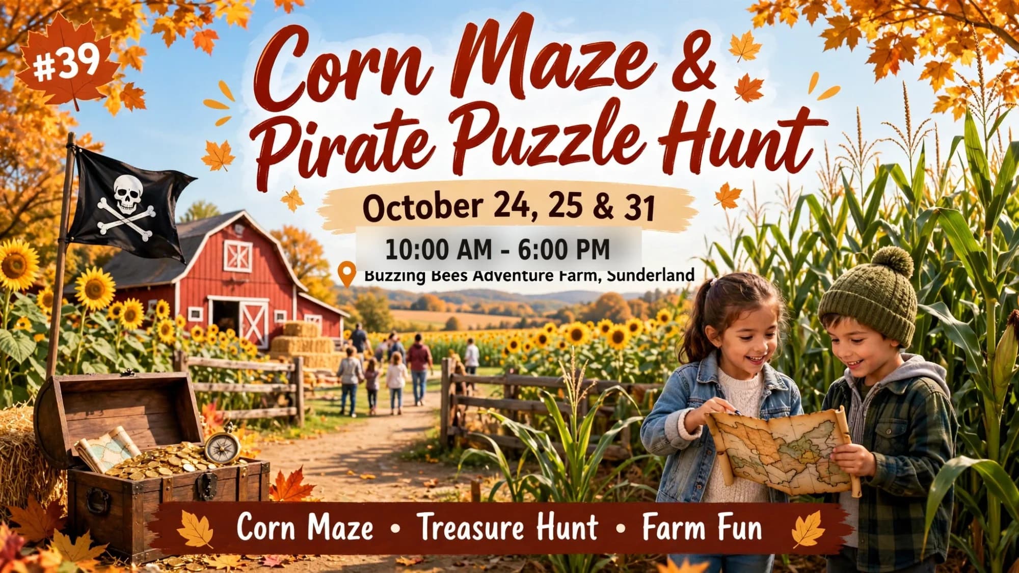 Corn Maze and Pirate Puzzle Hunt poster: kids with a treasure map at a farm corn maze
