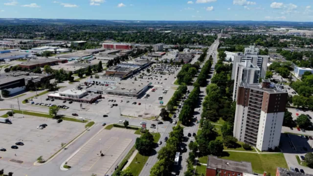 Aerial view of Ajax, Ontario looking north-west along Harwood Avenue